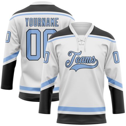 Custom Name and Number Personalized Hockey Jersey - White Light Blue-Black Lace Neck Team Apparel Personalized White Light