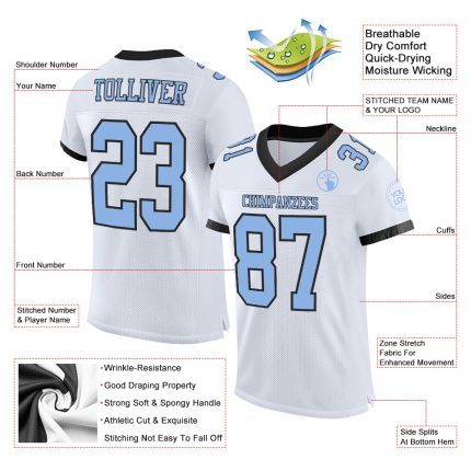Customizable Blue Black Mesh Football Jersey with Personalized Name & Number - Authentic Team Gear Personalized White Light