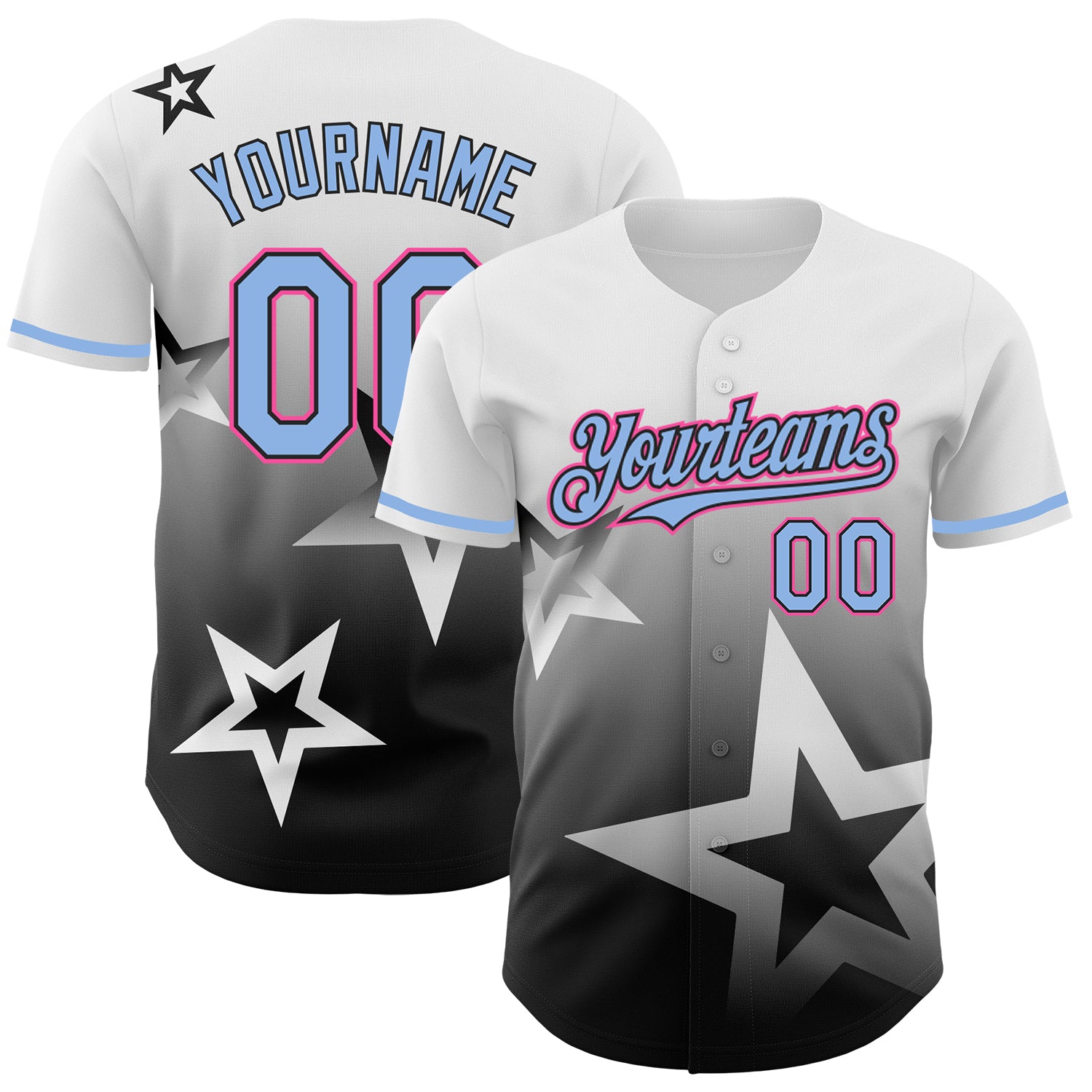 Custom Gradient Twinkle Star Baseball Jersey - Personalized Name & Number - White, Light Blue, Black, Pink 3D Design Personalized
