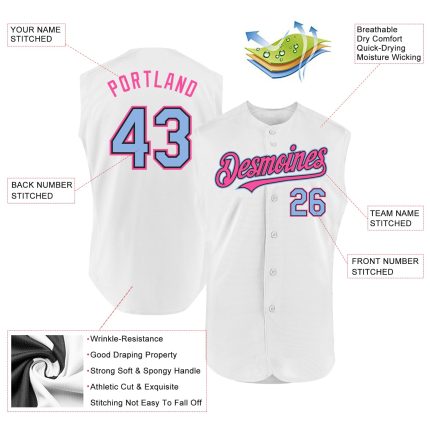 Custom Name and Number Baseball Jersey - Personalized Authentic Sleeveless in White, Light Blue, Black, and Pink Personalized