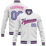 Customizable Bomber Varsity Jacket with Name and Number - White Light Blue Black Pink Full-Snap Team Outerwear Personalized