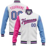 Personalized Two Tone Bomber Varsity Jacket - White Light Blue Black Pink Full-Snap Personalized White Light Blue Black-Pink