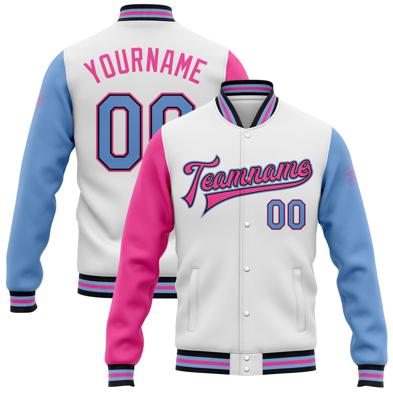Personalized Two Tone Bomber Varsity Jacket - White Light Blue Black Pink Full-Snap Personalized White Light Blue Black-Pink