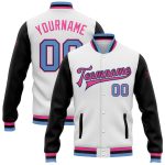Custom Two Tone Bomber Varsity Jacket with Personalized Name and Number in White Light Blue Black Pink Personalized White