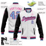Custom Two Tone Bomber Varsity Jacket with Personalized Name and Number in White Light Blue Black Pink Personalized White