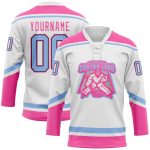 Custom Name and Number Hockey Jersey in White Light Blue Black Pink - Personalized Lace Neck Team Uniform Personalized White