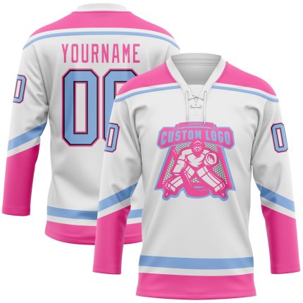 Custom Name and Number Hockey Jersey in White Light Blue Black Pink - Personalized Lace Neck Team Uniform Personalized White