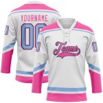 Custom Name and Number Hockey Jersey in White Light Blue Black Pink - Personalized Lace Neck Team Uniform Personalized White