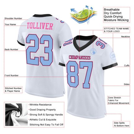 Custom Personalized Football Jersey with Name and Number - Authentic Mesh in White, Light Blue, Black, and Pink Personalized