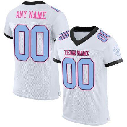 Custom Personalized Football Jersey with Name and Number - Authentic Mesh in White, Light Blue, Black, and Pink Personalized