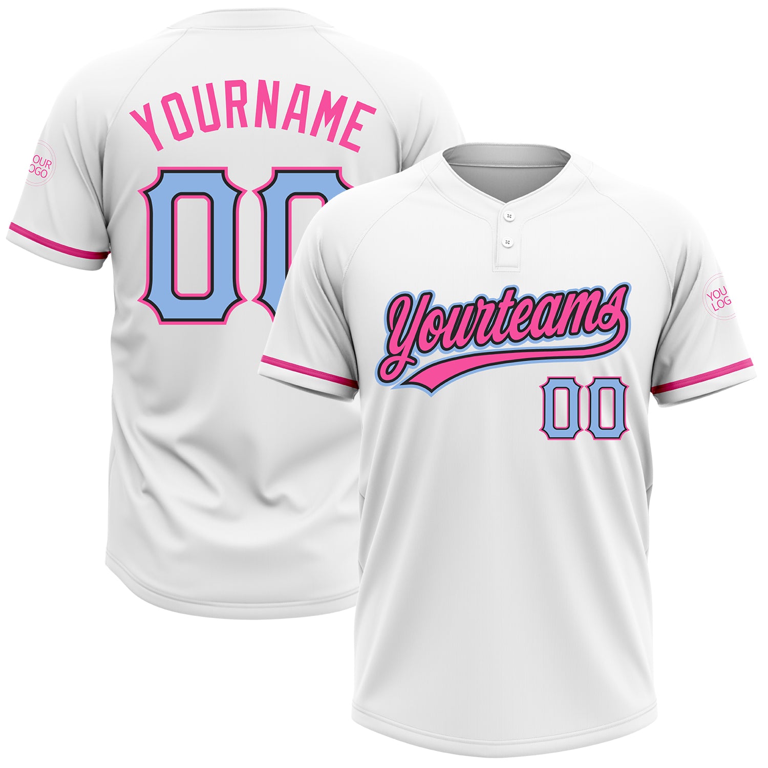 Custom Unisex Softball Jersey - White Light Blue Black-Pink, Two-Button Design, Personalized Comfort Fit Personalized White
