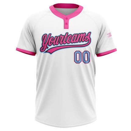 Custom Name and Number Unisex Softball Jersey, Personalized White Light Blue Black-Pink Two-Button Design Personalized White