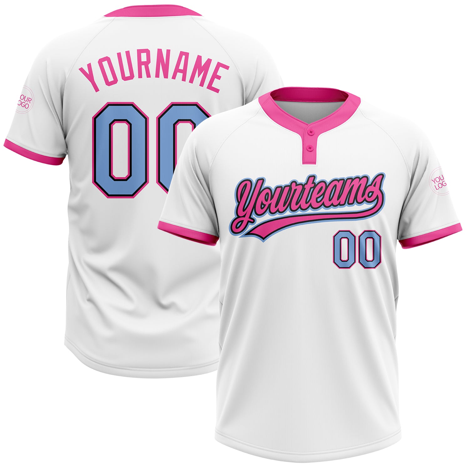 Custom Name and Number Unisex Softball Jersey, Personalized White Light Blue Black-Pink Two-Button Design Personalized White