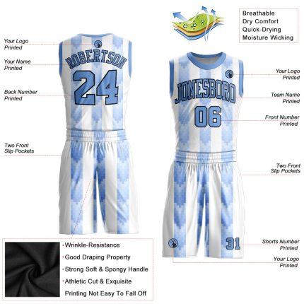 Custom Basketball Jersey with Personalized Name and Number, White Blue Black Round Neck Sublimation Suit Personalized White