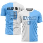 Custom Soccer Uniform Jersey with Personalized Name and Number - White Light Blue-Black Sublimation Split Design Personalized
