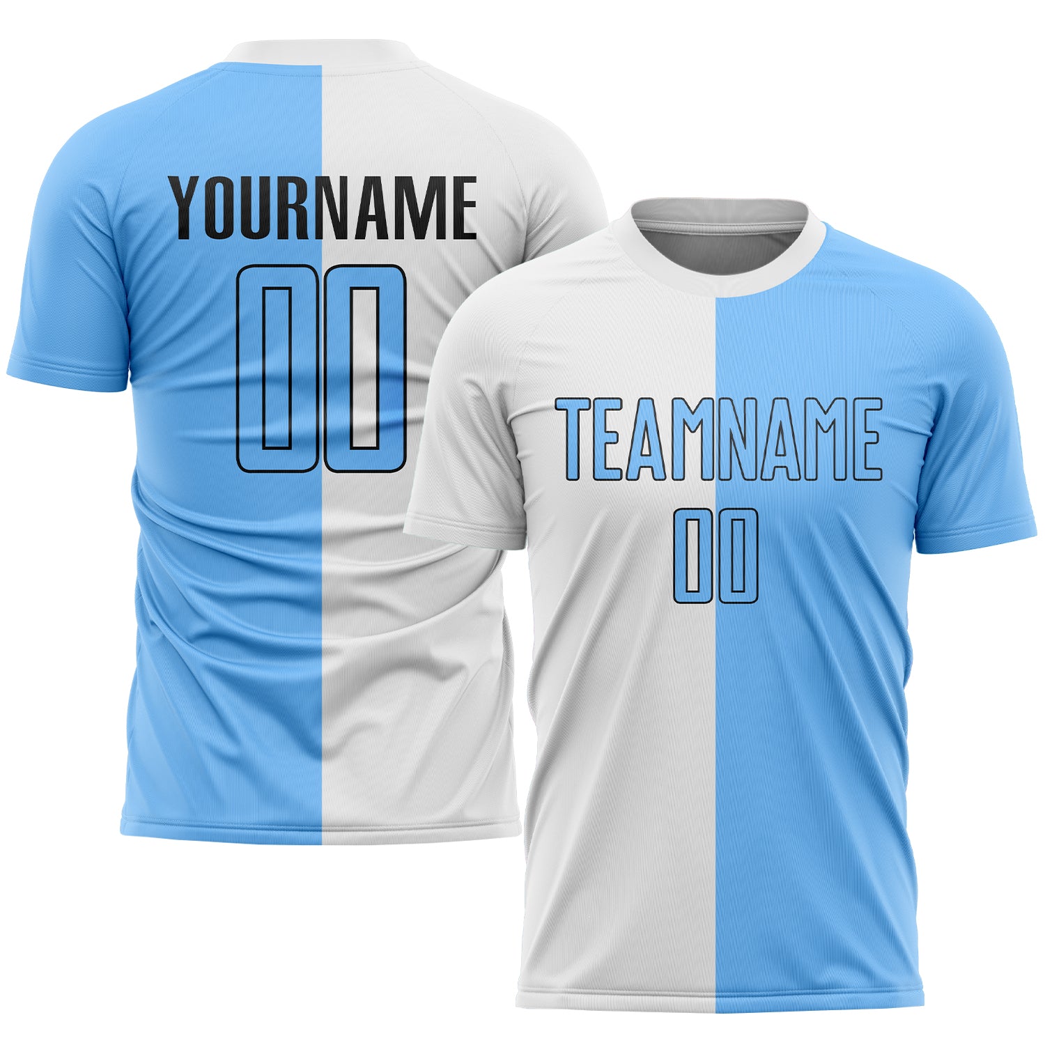 Custom Soccer Uniform Jersey with Personalized Name and Number - White Light Blue-Black Sublimation Split Design Personalized