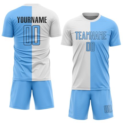 Custom Soccer Uniform Jersey with Personalized Name and Number - White Light Blue-Black Sublimation Split Design Personalized