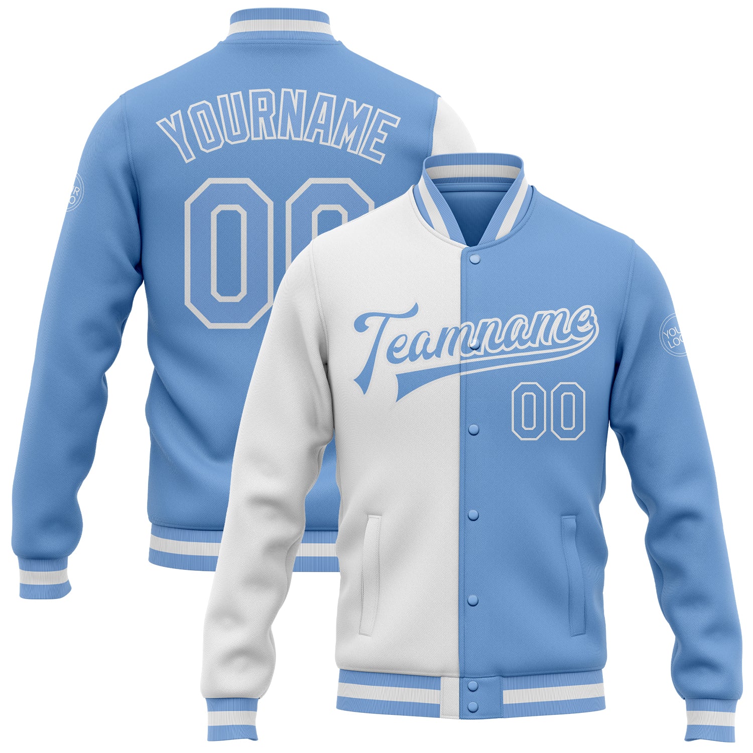 Custom Name and Number Personalized Light Blue White Bomber Varsity Letterman Jacket Full-Snap Fashion Personalized White