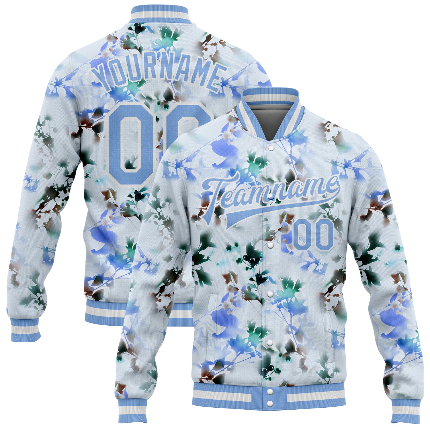 Custom Team Name and Number 3D Pattern Bomber Varsity Letterman Jacket - Personalized White Light Blue Branches and Leaves Design