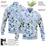 Custom Team Name and Number 3D Pattern Bomber Varsity Letterman Jacket - Personalized White Light Blue Branches and Leaves Design