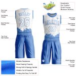 Custom Name and Number Basketball Jersey for Team, Personalized Round Neck Sublimation Suit in White and Light Blue Color Splash