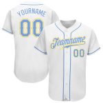 Custom Authentic Baseball Jersey with Personalized Name and Number in White Light Blue and Gold Personalized White Light