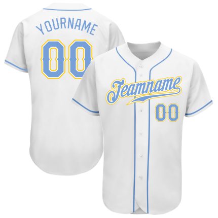 Custom Authentic Baseball Jersey with Personalized Name and Number in White Light Blue and Gold Personalized White Light