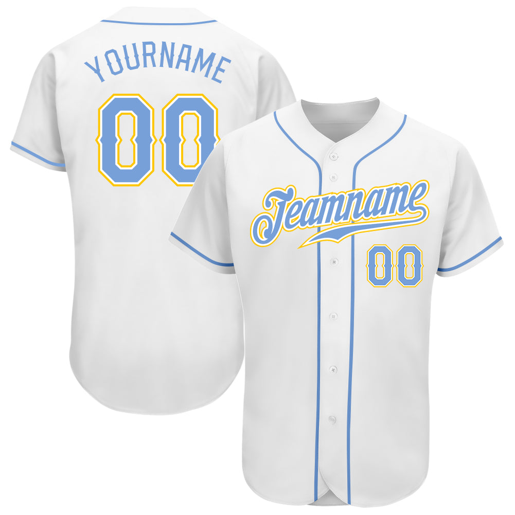 Custom Authentic Baseball Jersey with Personalized Name and Number in White Light Blue and Gold Personalized White Light
