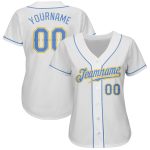 Custom Authentic Baseball Jersey with Personalized Name and Number in White Light Blue and Gold Personalized White Light