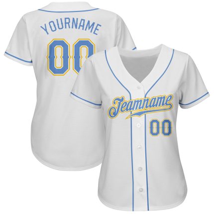 Custom Authentic Baseball Jersey with Personalized Name and Number in White Light Blue and Gold Personalized White Light