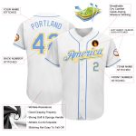 Custom Authentic Baseball Jersey with Personalized Name and Number in White Light Blue and Gold Personalized White Light