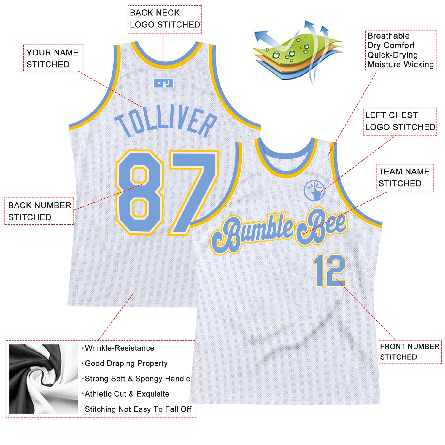 Personalized White Light Blue-Gold Authentic Throwback Basketball Jersey Team Custom Name and Number Custom Basketball Jersey - Personalized Light Blue Gold Throwback with Name and Number Personalized White Light Blue-Gold - Image 2