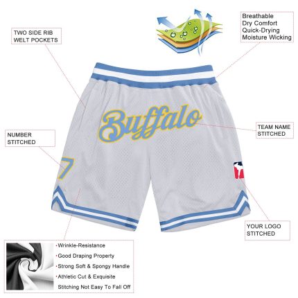 Custom Name and Number Personalized Basketball Shorts in White Light Blue Gold - Authentic Throwback Design Personalized