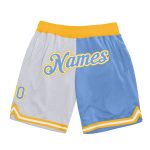 Custom Personalized Basketball Shorts - White Light Blue Gold, Authentic Throwback Split Style with Team Name and Number