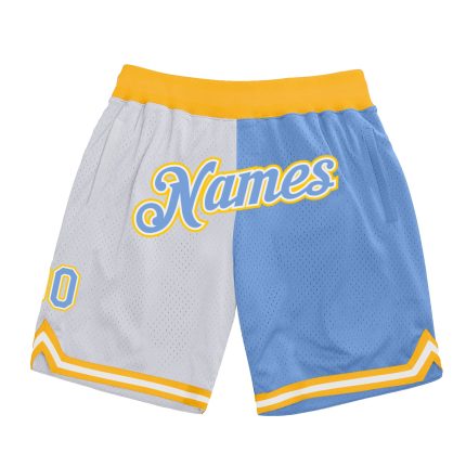 Custom Personalized Basketball Shorts - White Light Blue Gold, Authentic Throwback Split Style with Team Name and Number