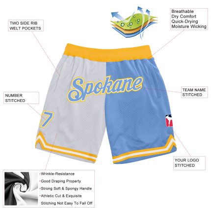 Custom Personalized Basketball Shorts - White Light Blue Gold, Authentic Throwback Split Style with Team Name and Number
