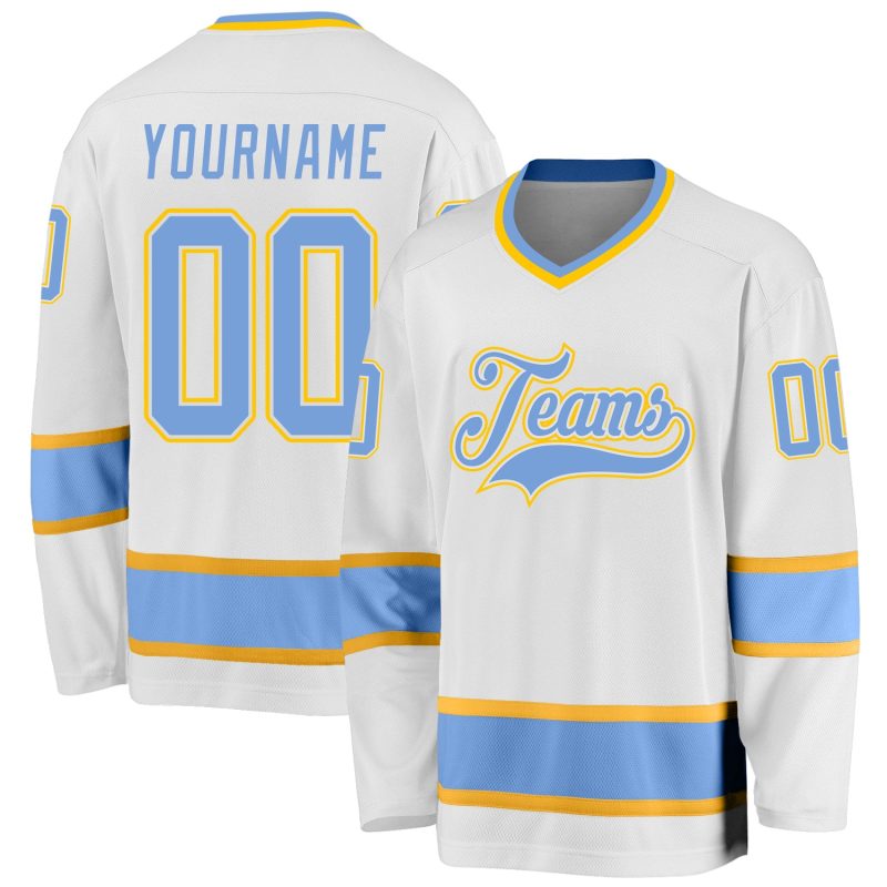 Custom Personalized Hockey Jersey - White Light Blue with Gold Team Name & Number Personalized White Light Blue-Gold Hockey