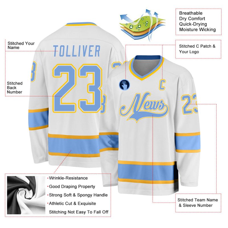 Custom Personalized Hockey Jersey - White Light Blue with Gold Team Name & Number Personalized White Light Blue-Gold Hockey