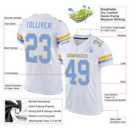 Customizable White Light Blue and Gold Football Jersey with Personalized Name and Number - Authentic Team Apparel Personalized