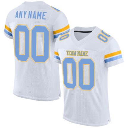 Customizable White Light Blue and Gold Football Jersey with Personalized Name and Number - Authentic Team Apparel Personalized