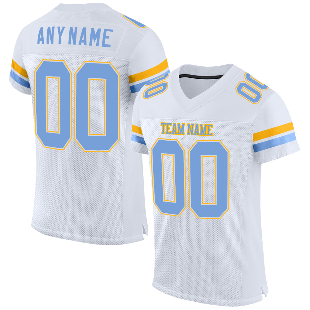 Customizable White Light Blue and Gold Football Jersey with Personalized Name and Number - Authentic Team Apparel Personalized