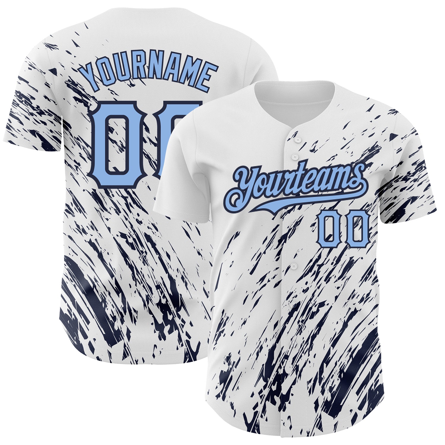 Customizable 3D Pattern Baseball Jersey - White Light Blue Navy Abstract Splash with Personalized Name & Number Personalized