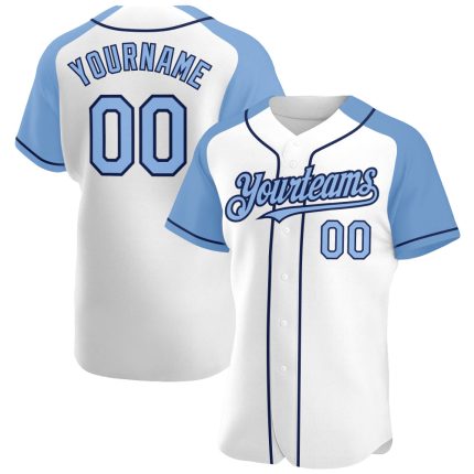 Custom Personalized Baseball Jersey with White Light Blue-Navy Raglan Sleeves, Team Name and Number Personalized White Light