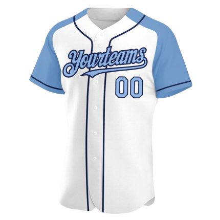Custom Personalized Baseball Jersey with White Light Blue-Navy Raglan Sleeves, Team Name and Number Personalized White Light
