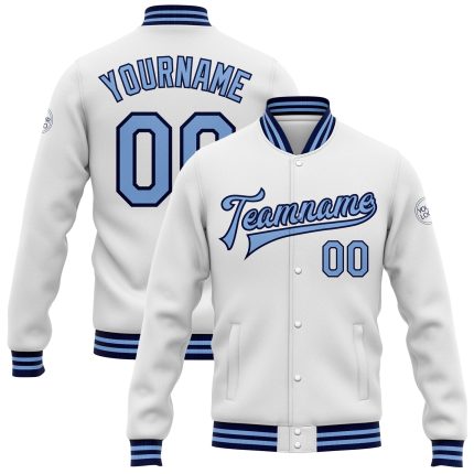 Custom Team Name Number Varsity Bomber Jacket Light Blue Navy Full-Snap Personalized Letterman Personalized White Light Blue-Navy