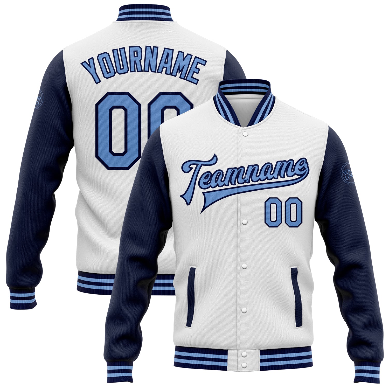 Custom Two Tone Varsity Letterman Jacket for Team with Name and Number - Personalized White Light Blue Navy Bomber Full-Snap