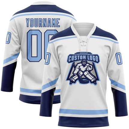 Custom Team Jersey with Personalized Name and Number - White Light Blue Navy Hockey Lace Neck Personalized White Light Blue-Navy