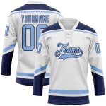 Custom Team Jersey with Personalized Name and Number - White Light Blue Navy Hockey Lace Neck Personalized White Light Blue-Navy