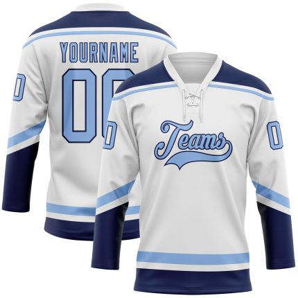 Custom Team Jersey with Personalized Name and Number - White Light Blue Navy Hockey Lace Neck Personalized White Light Blue-Navy