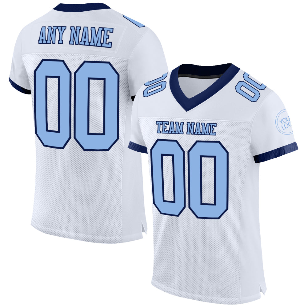 Custom Personalized Football Jersey with Light Blue Navy Mesh, Your Name and Number Personalized White Light Blue-Navy Mesh